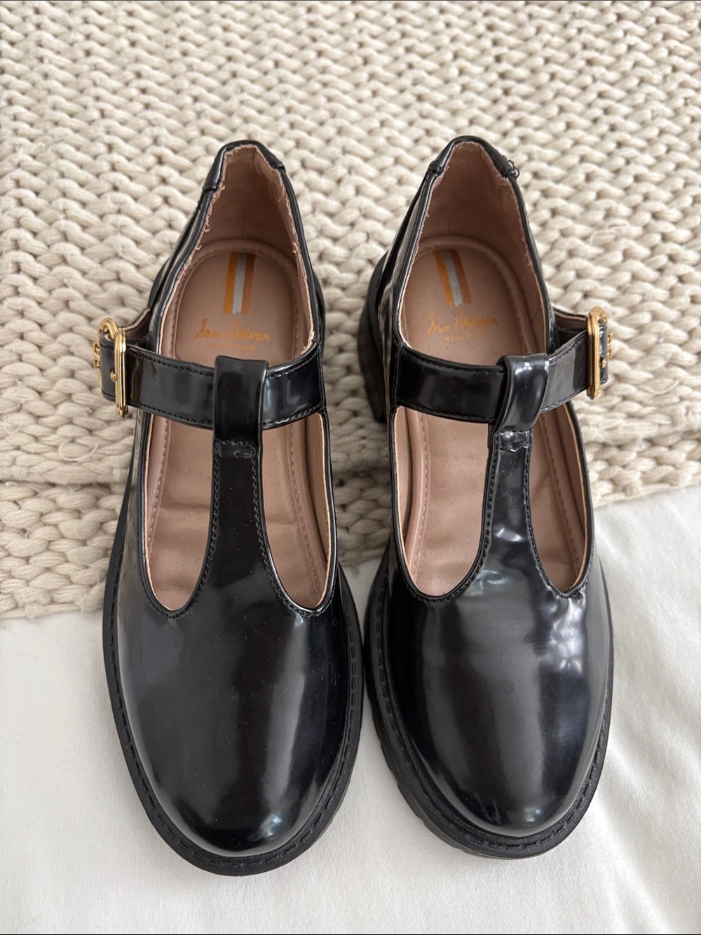 Sam Edelman Black Patent T-Strap Mary Jane’s with Gold Buckle